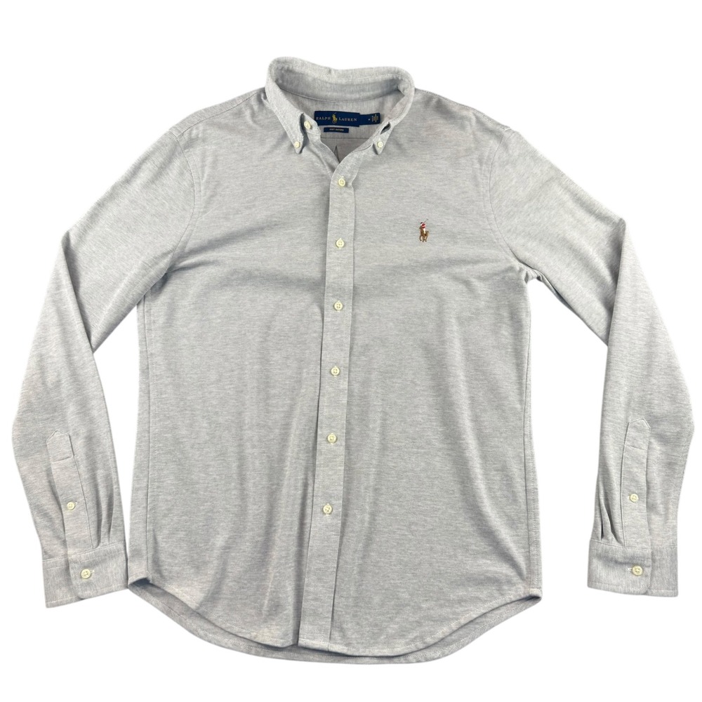 Ralph Lauren Mens Knit Oxford Shirt Grey Long Sleeve Button Down Pony Logo M